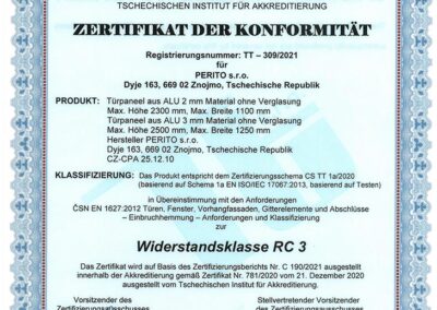Zertifikat der Konformität - Widerstandsklasse RC 3 - PERITO ALU