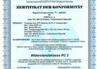 Zertifikat der Konformität - Widerstandsklasse RC 2 - PERITO GFK