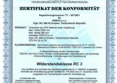 Zertifikat der Konformität - Widerstandsklasse RC 3 - PERITO GFK